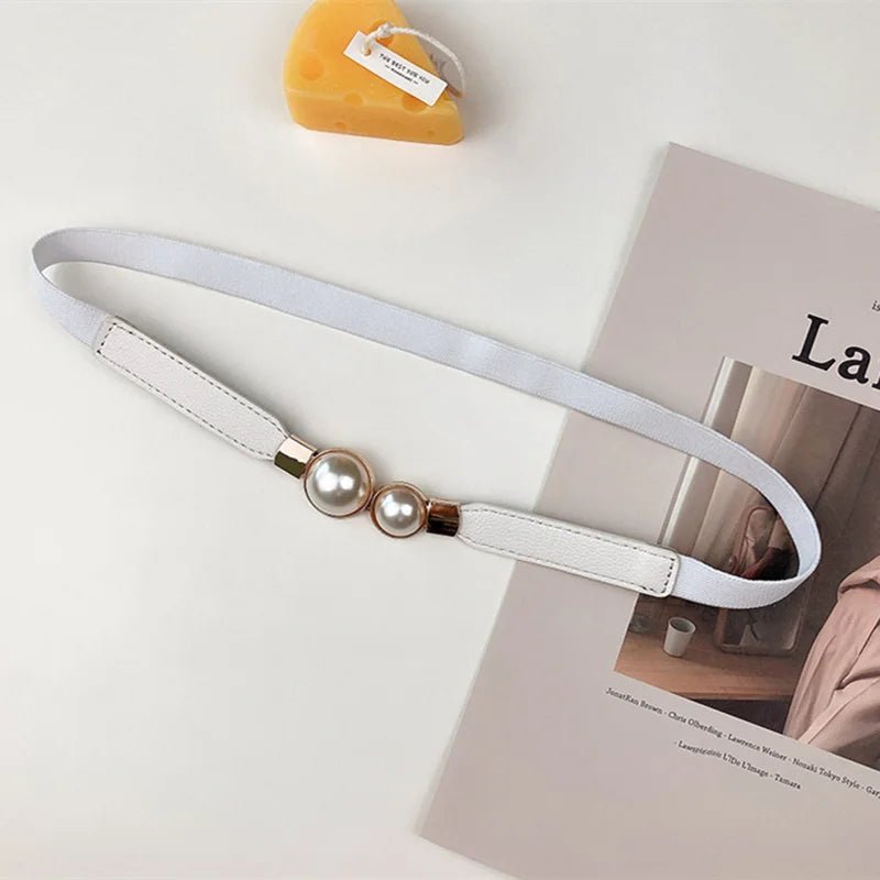 Ceinture fine élastique femme boucle double perle dorée, modèle Perla