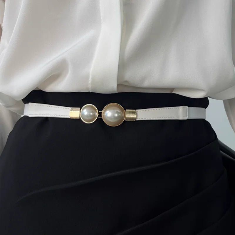 Ceinture fine élastique femme boucle double perle dorée, modèle Perla