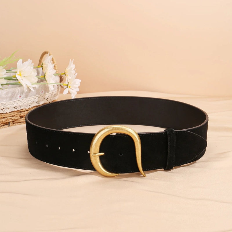 Ceinture large femme boucle dorée sculptée, modèle Scola