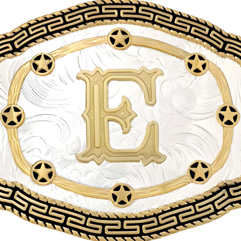 Boucle de ceinture Alphabet, E, modèle Ebi