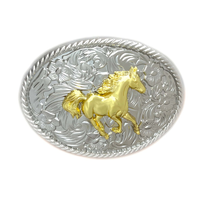 Boucle de ceinture Animal, cheval doré au galop, modèle Ronald