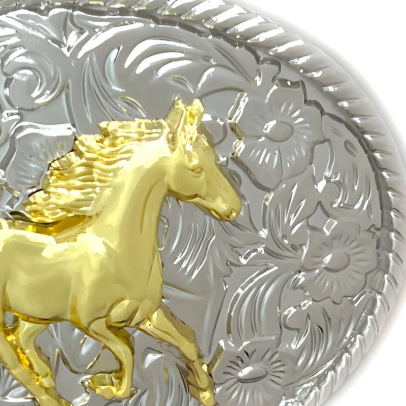 Boucle de ceinture Animal, cheval doré au galop, modèle Ronald