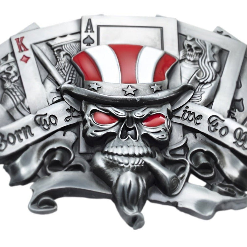 Boucle de ceinture Tête de Mort américaine sur fond de cartes, modèle Harper