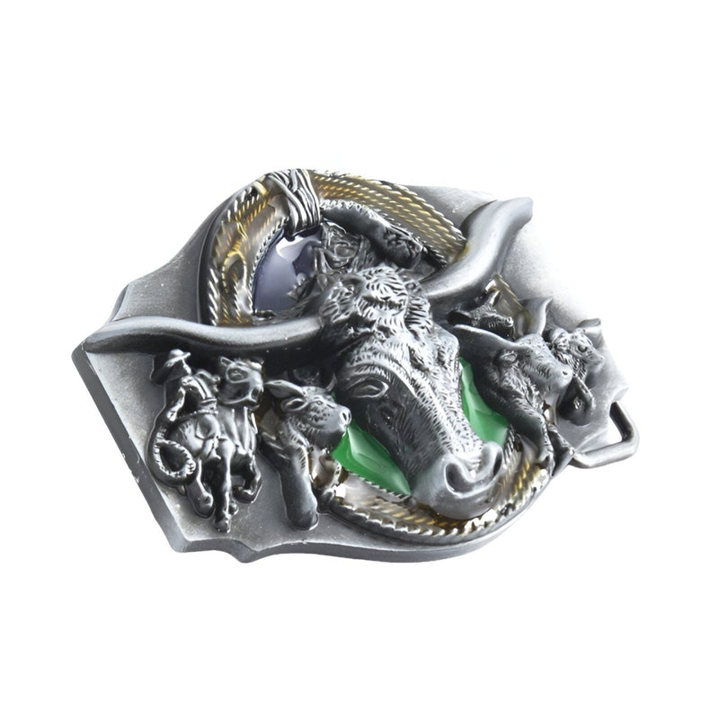 Boucle de ceinture Western, tête de taureau et cowboy, modèle Cleve