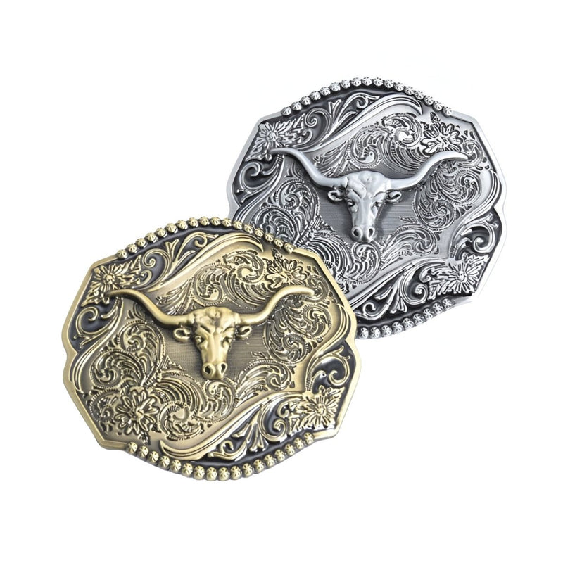 Boucle de ceinture Western, tête de taureau sur fond détaillé, modèle Cyrus