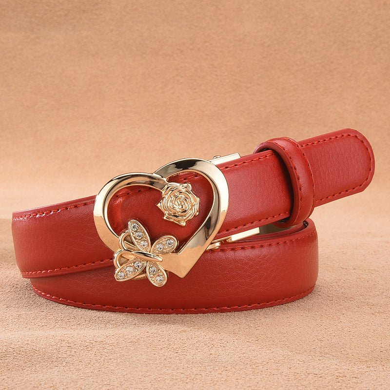 Ceinture automatique en cuir à boucle coeur & papillon, modèle Adela