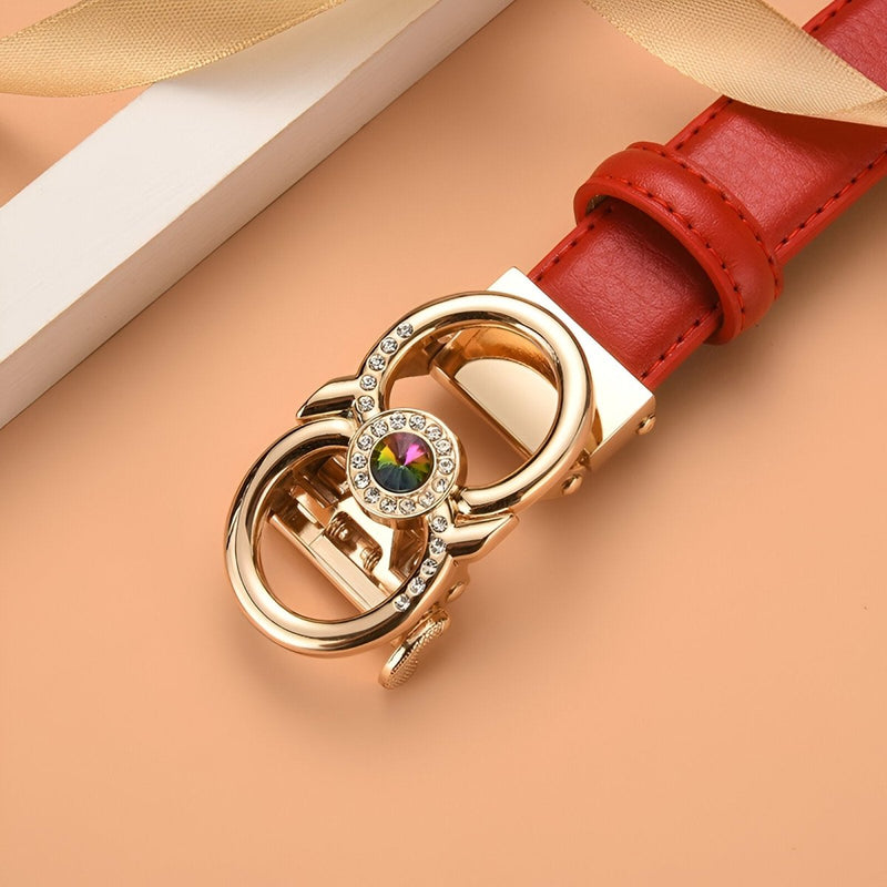 Ceinture automatique en cuir à boucle dorée et strass, modèle Manica