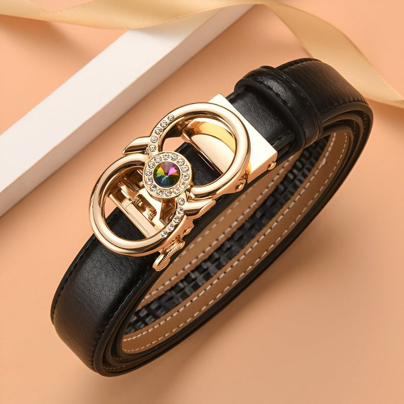 Ceinture automatique en cuir à boucle dorée et strass, modèle Manica