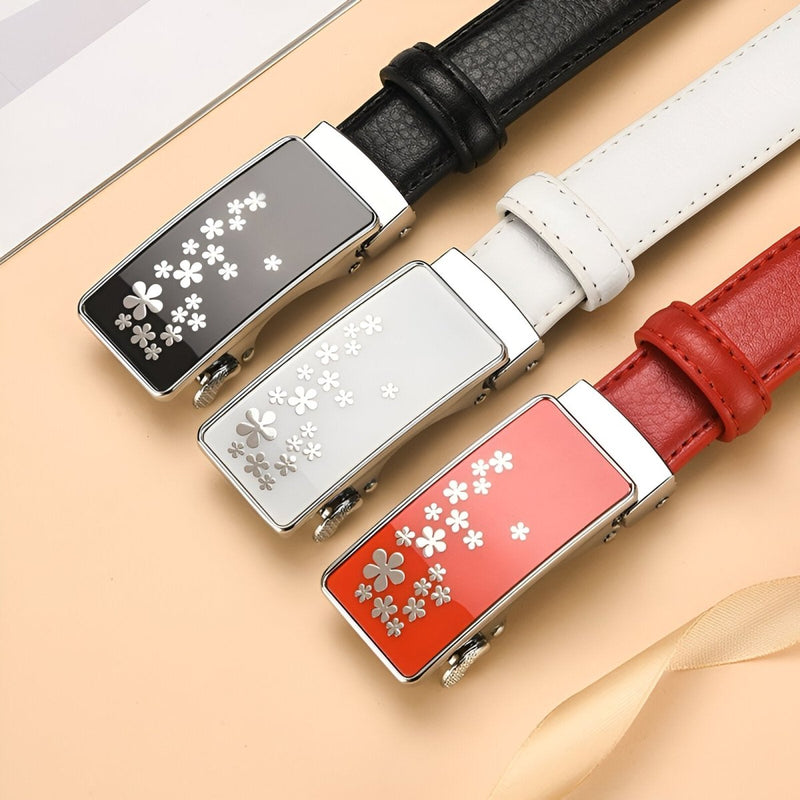 Ceinture automatique en cuir avec boucle fleurie, modèle Mila