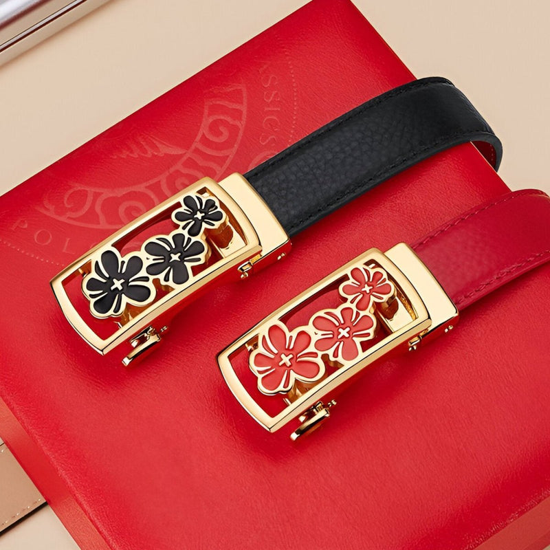 Ceinture automatique en cuir grainé avec boucle aux trois fleurs, modèle Florijana