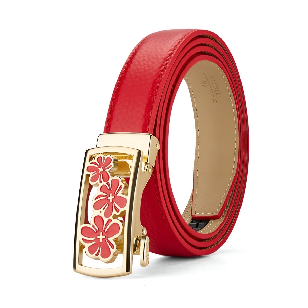 Ceinture automatique en cuir grainé avec boucle aux trois fleurs, modèle Florijana - La Boutique de la Ceinture