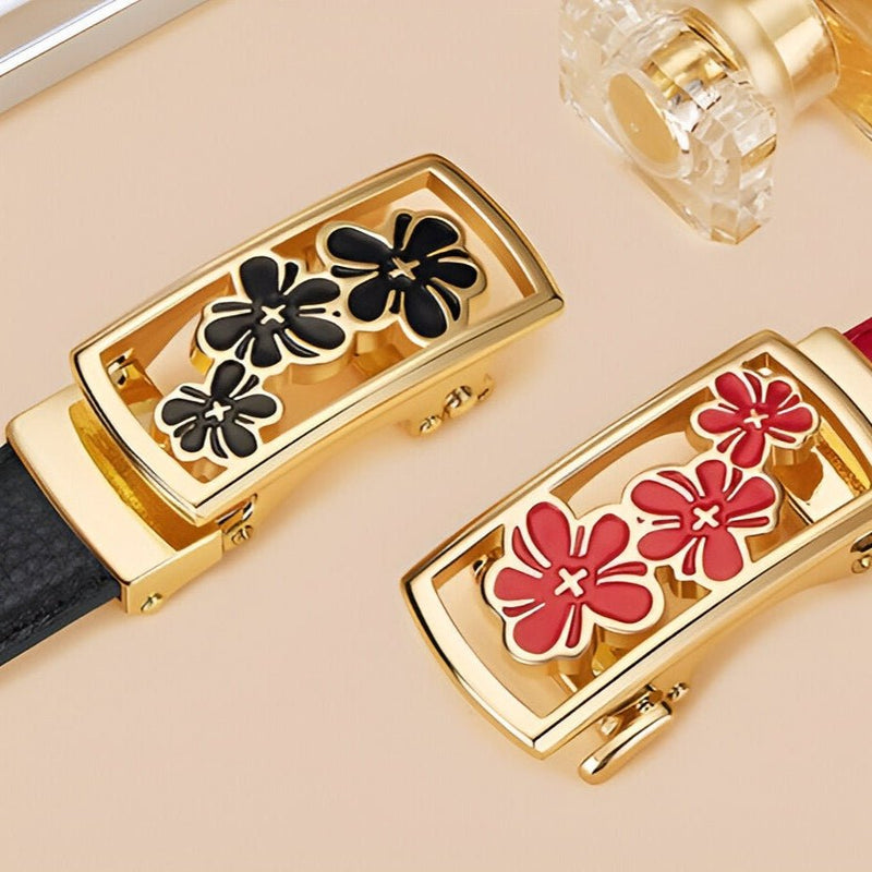 Ceinture automatique en cuir grainé avec boucle aux trois fleurs, modèle Florijana