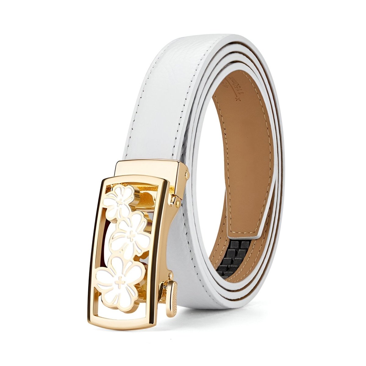 Ceinture automatique en cuir grainé avec boucle aux trois fleurs, modèle Florijana - La Boutique de la Ceinture