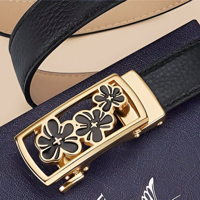 Ceinture automatique en cuir grainé avec boucle aux trois fleurs, modèle Florijana