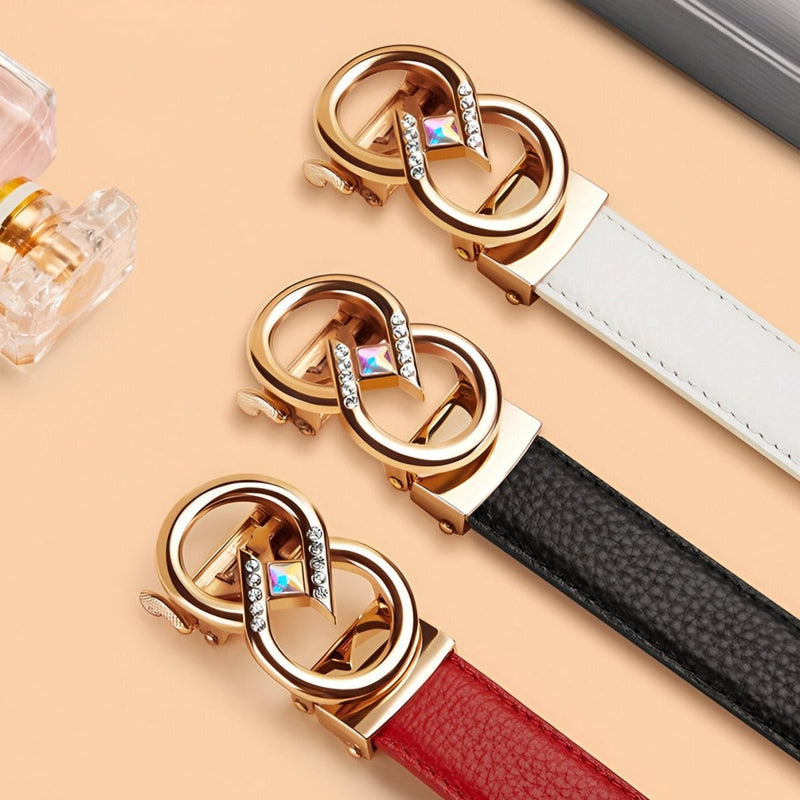 Ceinture automatique en cuir grainé avec boucle infini et strass, modèle Romanca