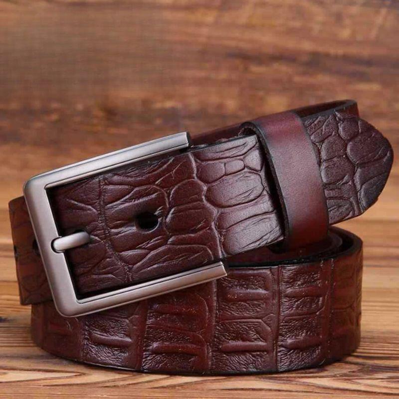 Ceinture cuir motif crocodile boucle argentée pour homme, modèle Alen