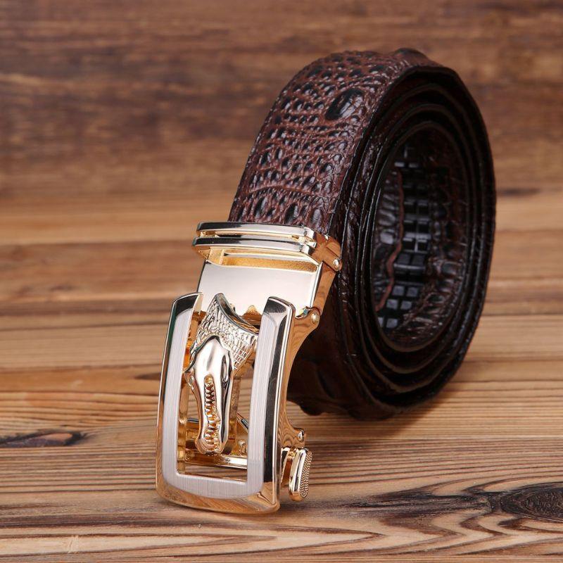 Ceinture cuir véritable boucle dorée crocodile pour homme, modèle Ravil