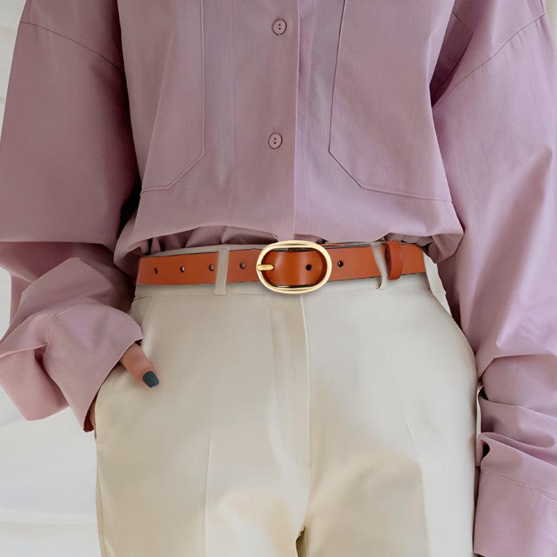Ceinture en cuir lisse boucle ovale dorée pour femme, modèle Fiona