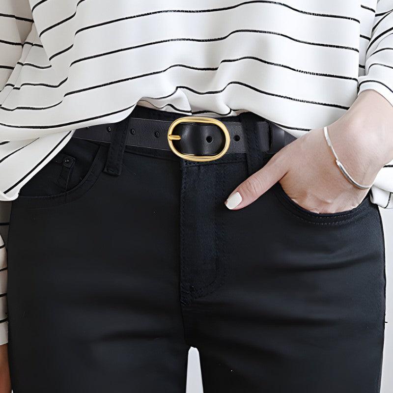 Ceinture en cuir lisse boucle ovale dorée pour femme, modèle Fiona