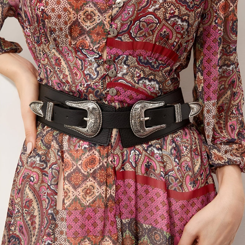Ceinture large et élastique à double boucles Western, modèle Loretta