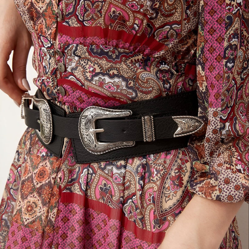 Ceinture large et élastique à double boucles Western, modèle Loretta