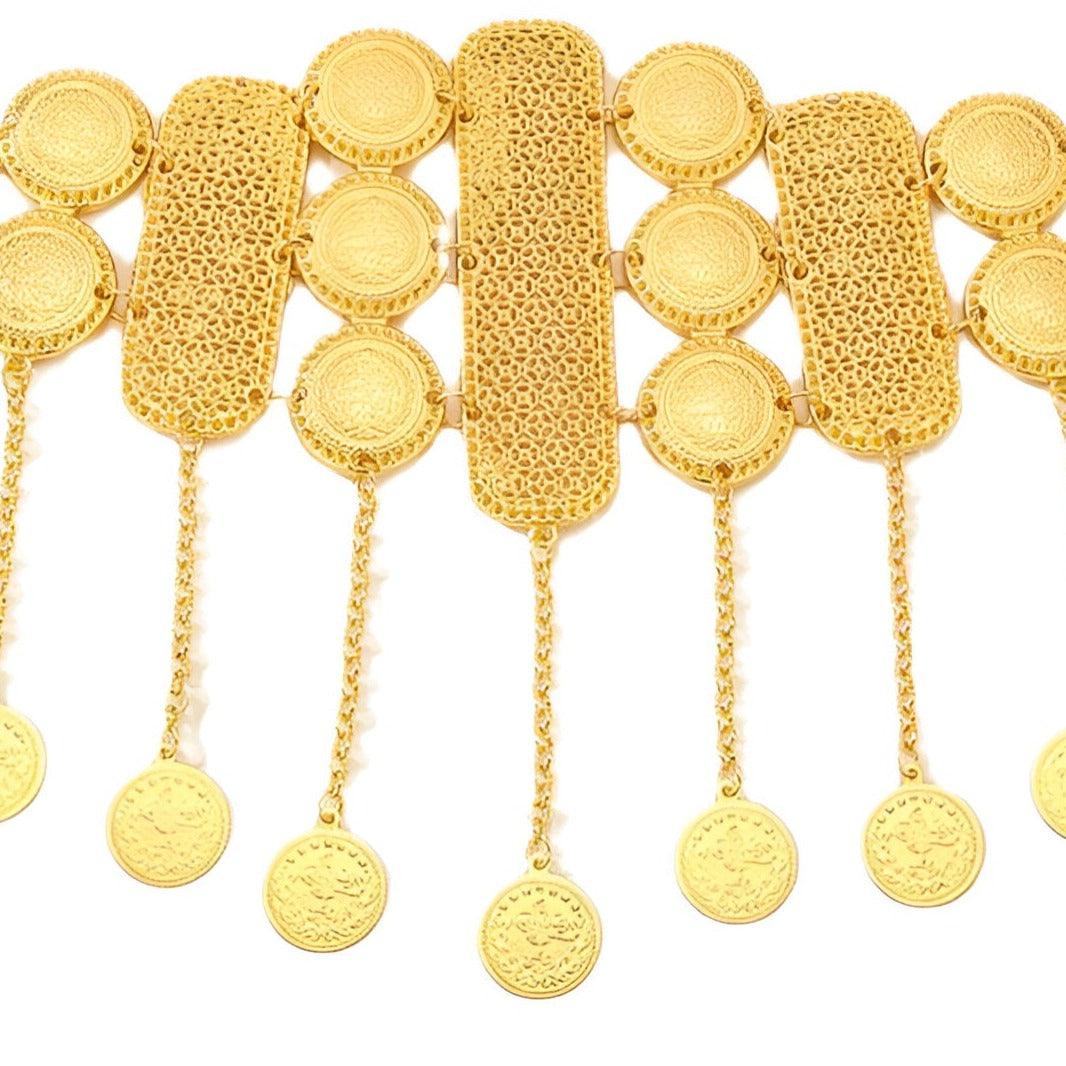 Ceinture marocaine alternant médaillons et plaquettes dorées avec pendentifs, modèle Shanaz - La Boutique de la Ceinture