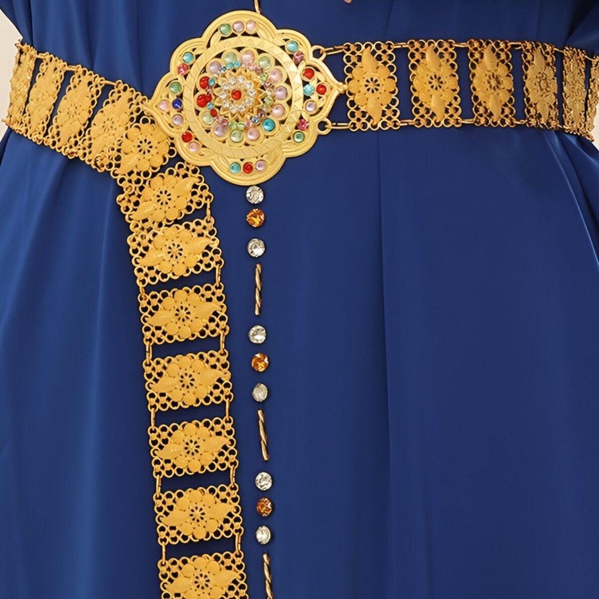 Ceinture marocaine avec bijou central multicolore à apparence florale, modèle Latifa - La Boutique de la Ceinture