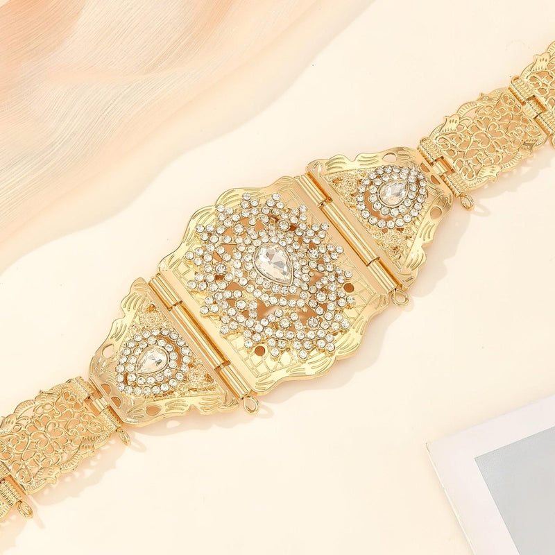 Ceinture marocaine dorée à strass avec motifs diamants, modèle Kilito