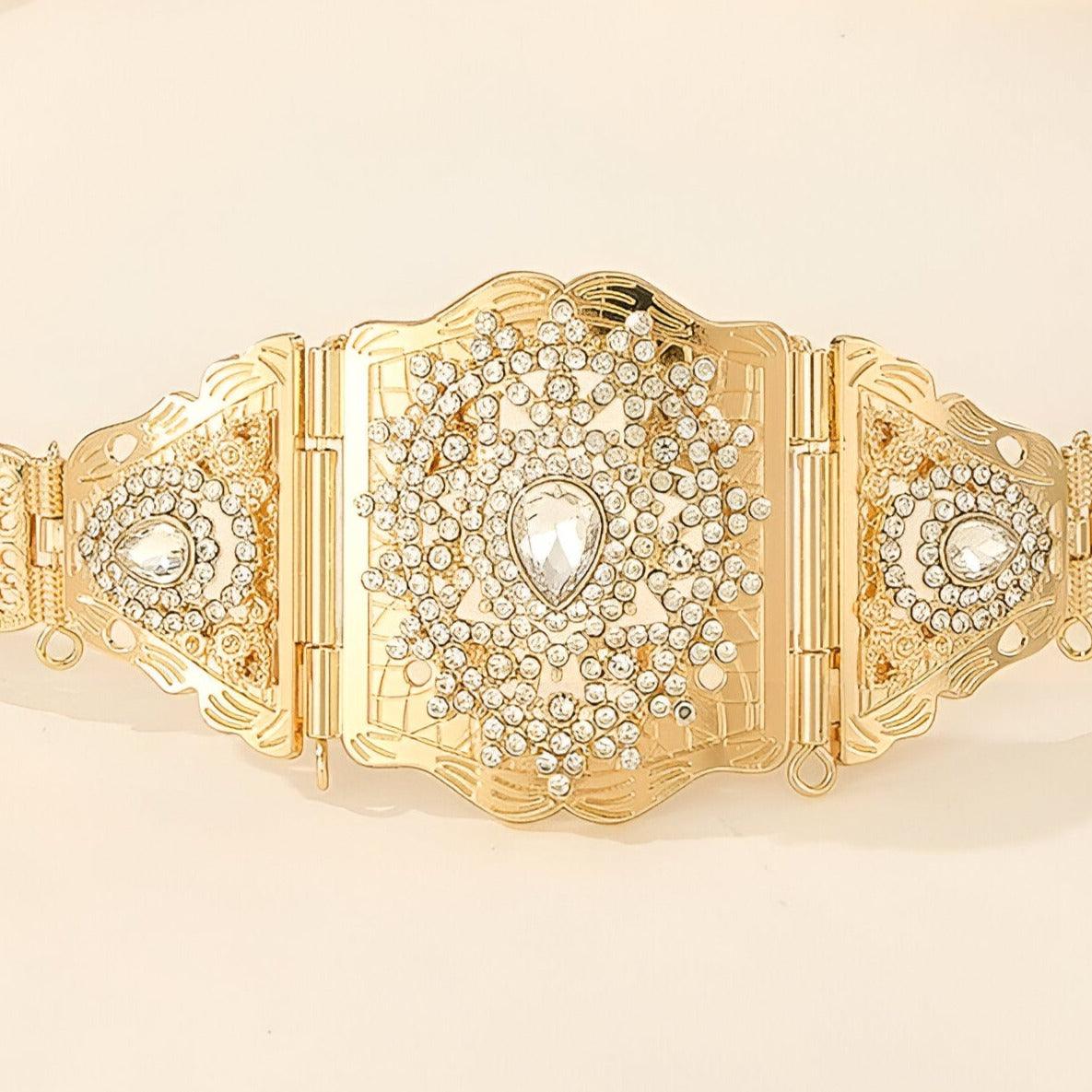 Ceinture marocaine dorée à strass avec motifs diamants, modèle Kilito - La Boutique de la Ceinture