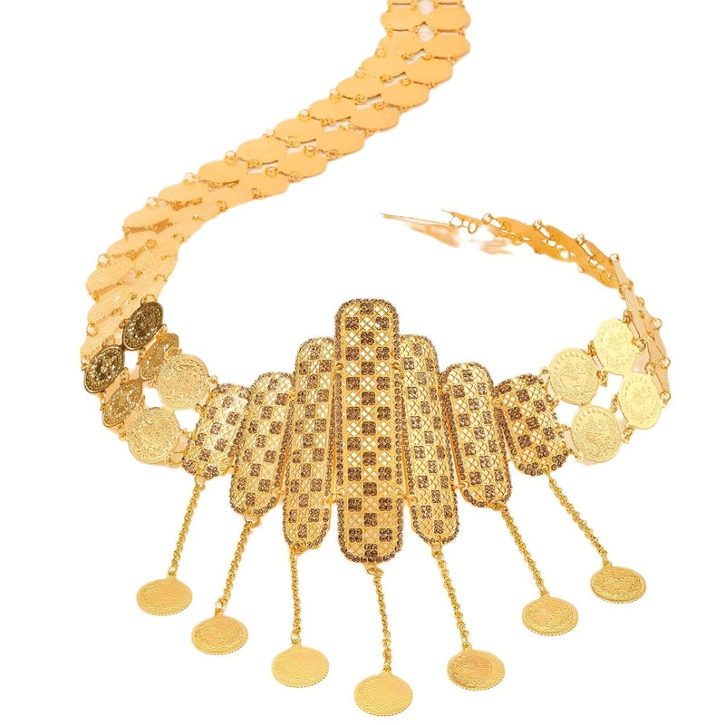 Ceinture marocaine dorée avec motifs carreaux et médaillons, modèle Heya