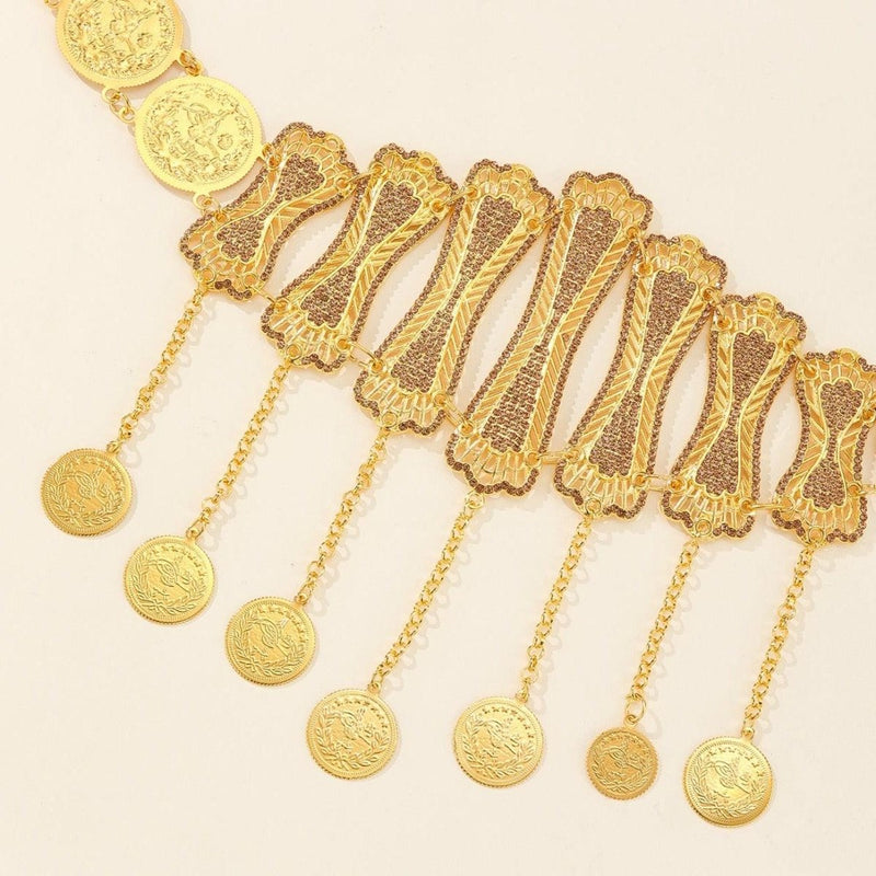 Ceinture marocaine dorée avec pendentifs et médaillons originaux, modèle Zrika