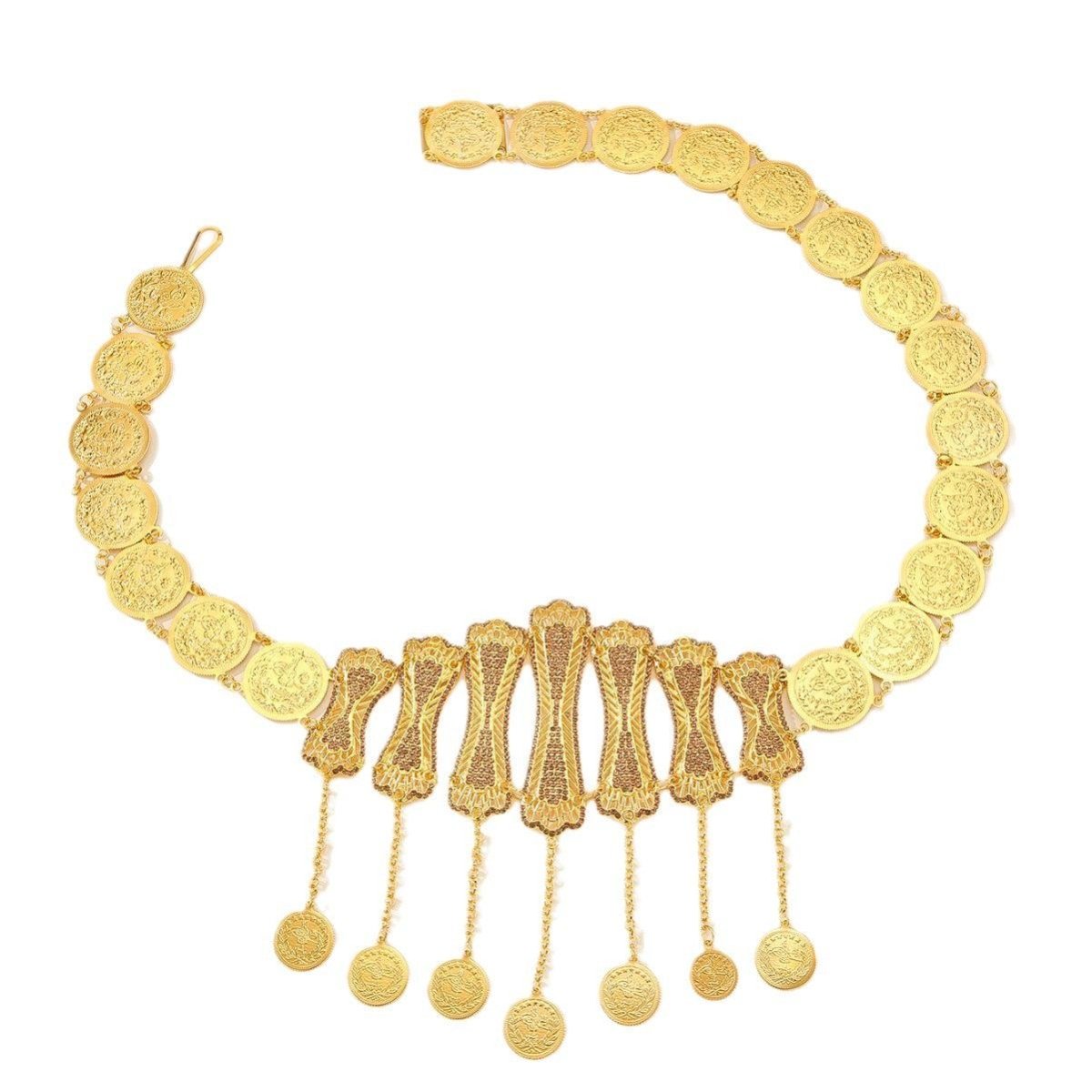 Ceinture marocaine dorée avec pendentifs et médaillons originaux, modèle Zrika - La Boutique de la Ceinture