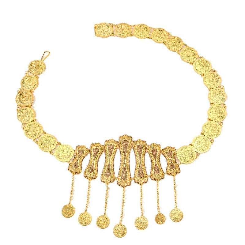 Ceinture marocaine dorée avec pendentifs et médaillons originaux, modèle Zrika