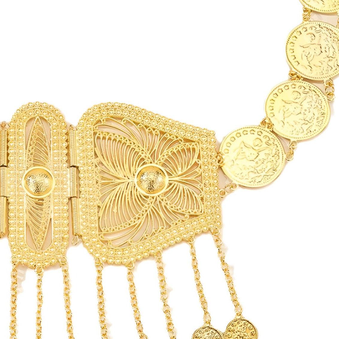 Ceinture marocaine dorée avec pendentifs et représentation de pièces de monnaie, modèle Rhozali - La Boutique de la Ceinture