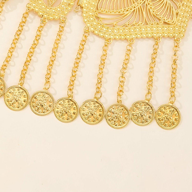 Ceinture marocaine dorée avec pendentifs et représentation de pièces de monnaie, modèle Rhozali