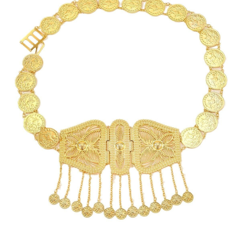 Ceinture marocaine dorée avec pendentifs et représentation de pièces de monnaie, modèle Rhozali