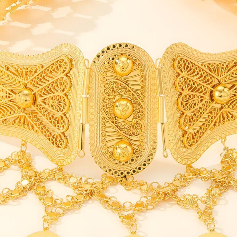 Ceinture marocaine dorée avec pendentifs qui s'entrelacent, modèle Menena