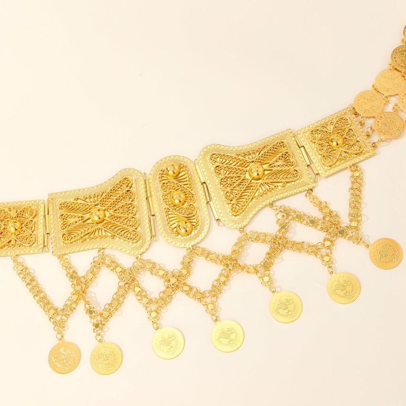 Ceinture marocaine dorée avec pendentifs qui s'entrelacent, modèle Menena