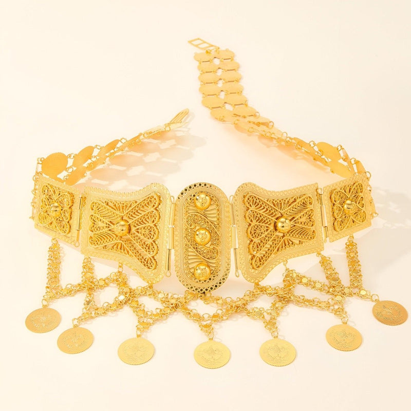 Ceinture marocaine dorée avec pendentifs qui s'entrelacent, modèle Menena