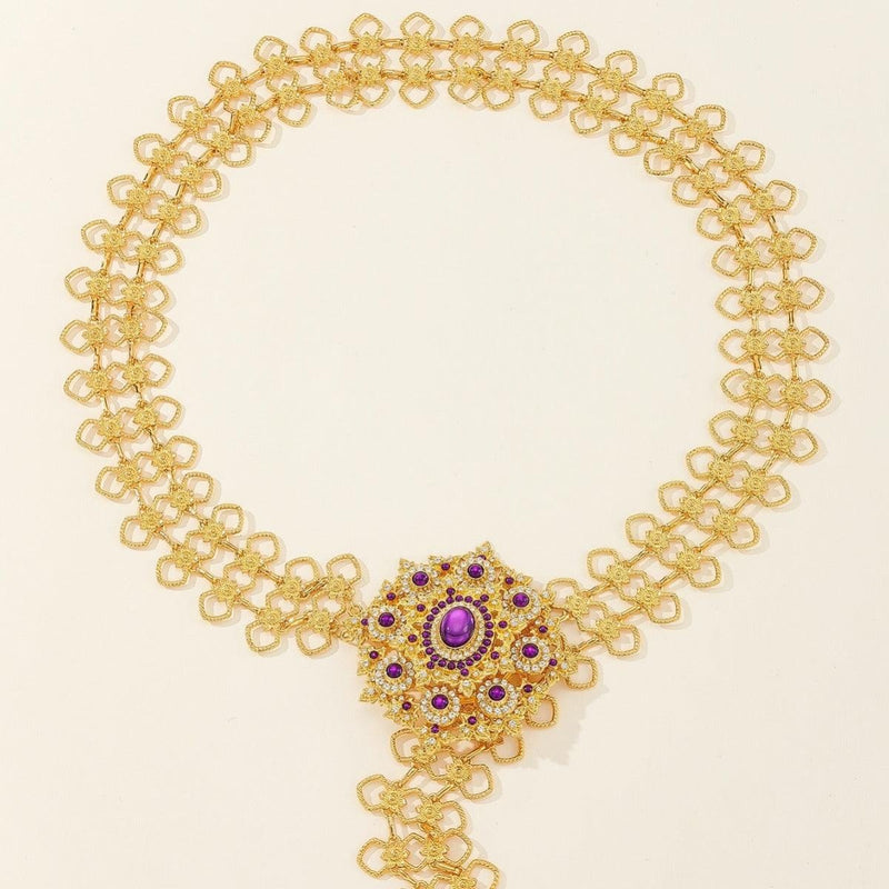 Ceinture marocaine violette et dorée, longue avec strass, modèle Khadisha