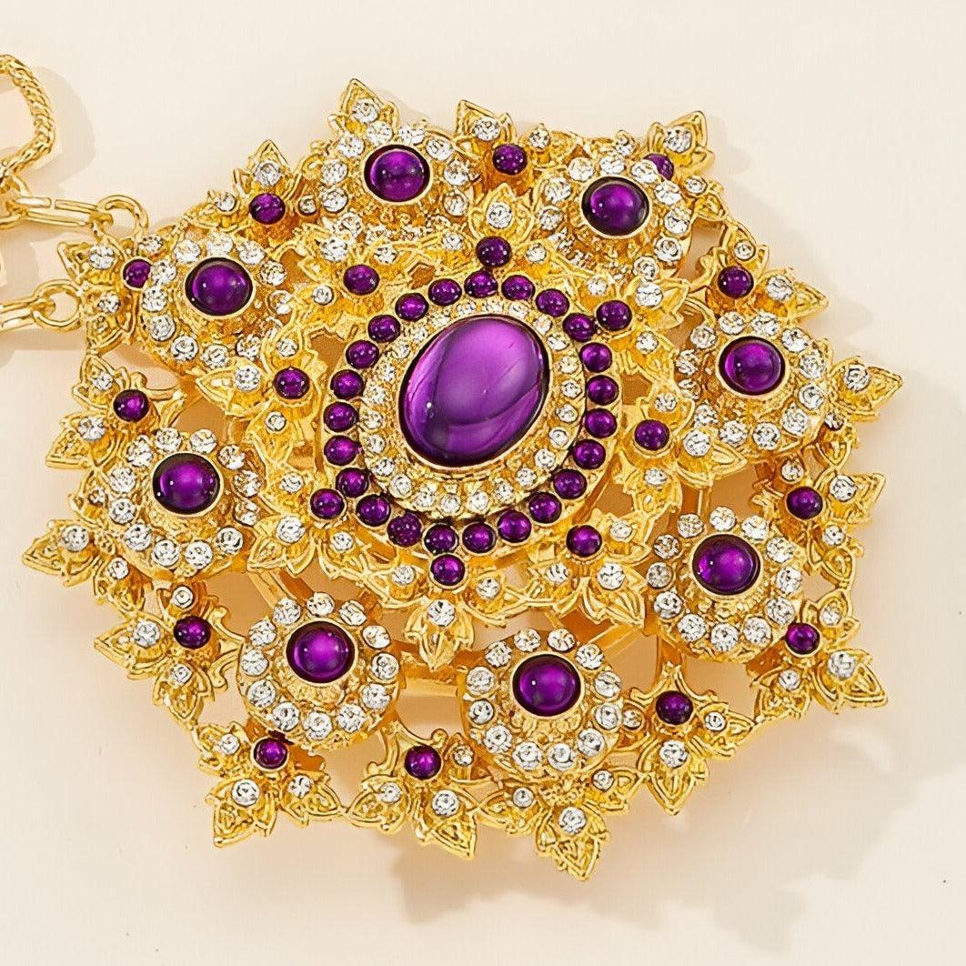 Ceinture marocaine violette et dorée, longue avec strass, modèle Khadisha - La Boutique de la Ceinture