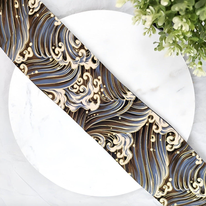 Ceinture Obi à motifs vague japonaise marron, modèle Akio