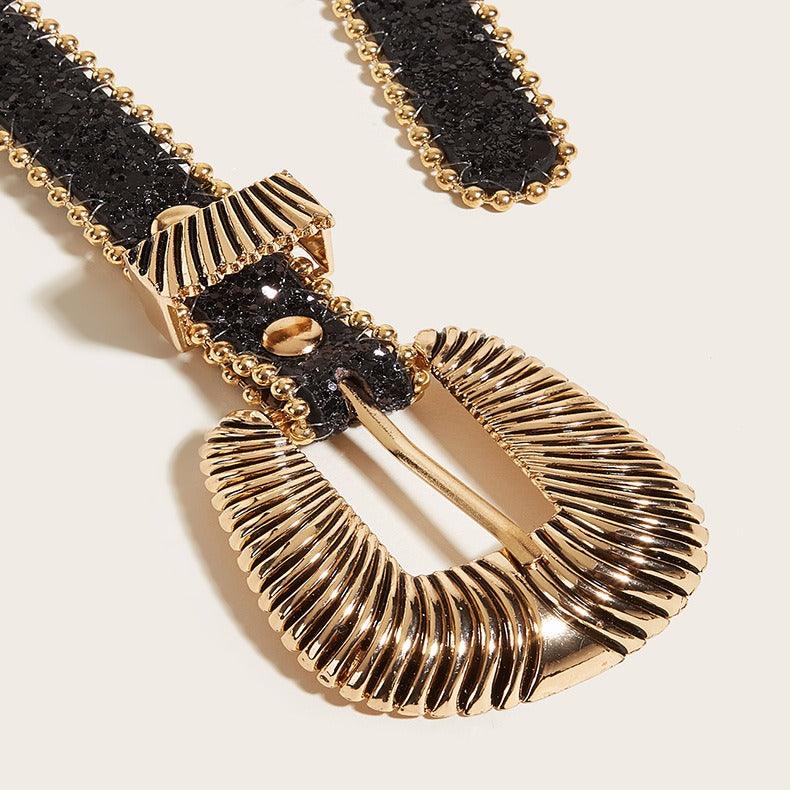 Ceinture Western à Strass avec Boucle Dorée et Striée, modèle Yerema