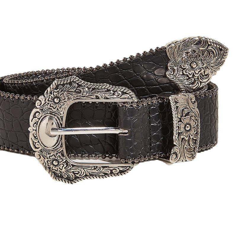 Ceinture Western texturée crocodile à boucle motifs floraux et perles, modèle Karis - La Boutique de la Ceinture