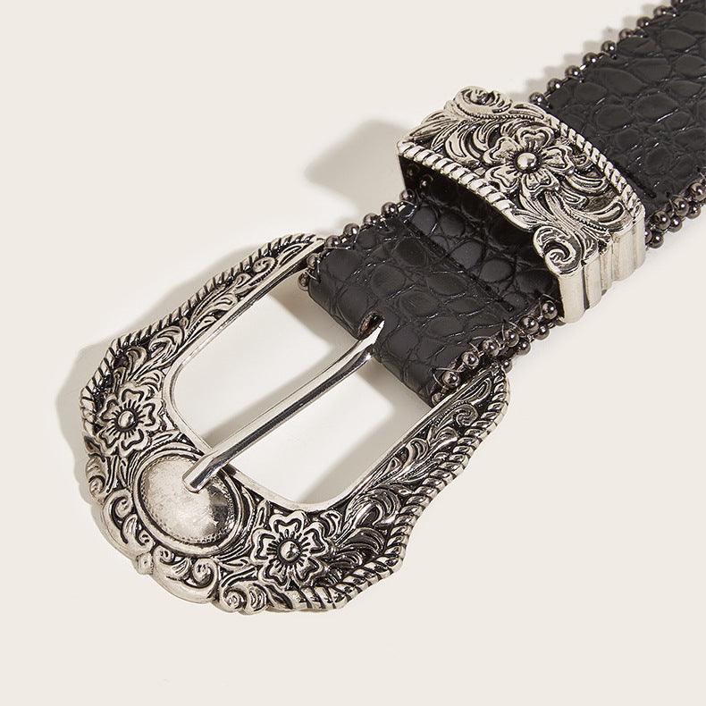 Ceinture Western texturée crocodile à boucle motifs floraux et perles, modèle Karis