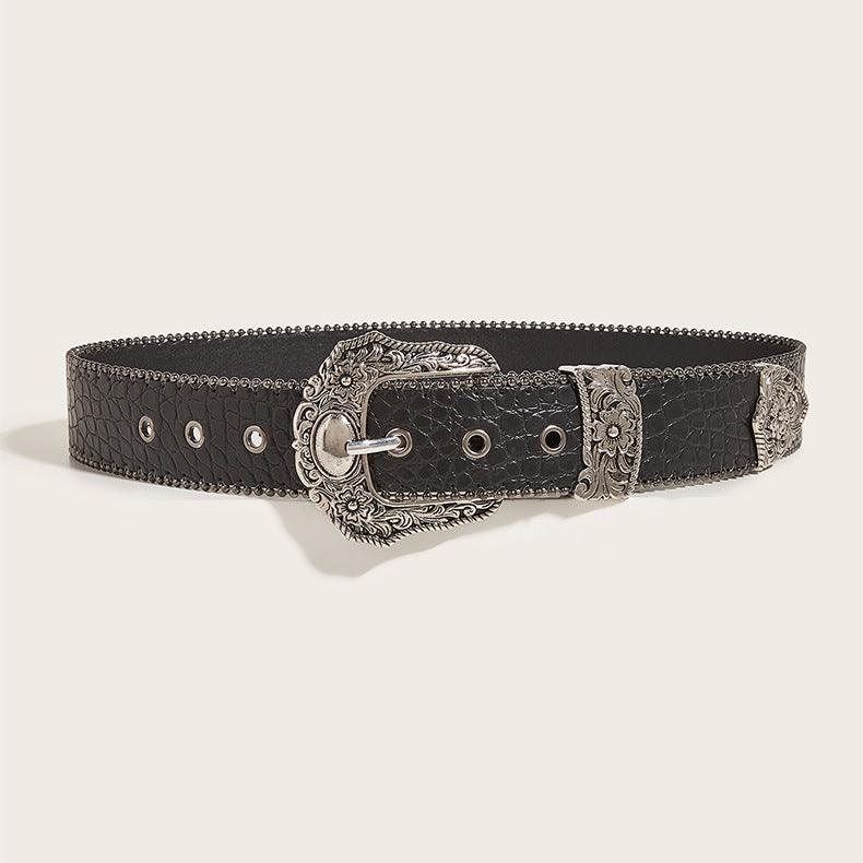 Ceinture Western texturée crocodile à boucle motifs floraux et perles, modèle Karis