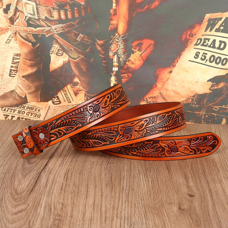 Lanière de ceinture 3.8 cm, en cuir texturé aux motifs florales, pour boucles interchangeables, modèle Walter