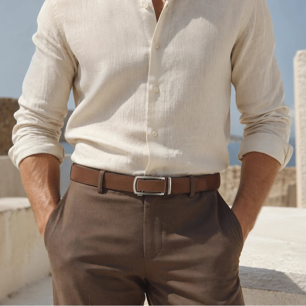 Ceinture Homme Automatique Marron Effet Daim, Modèle Nolan