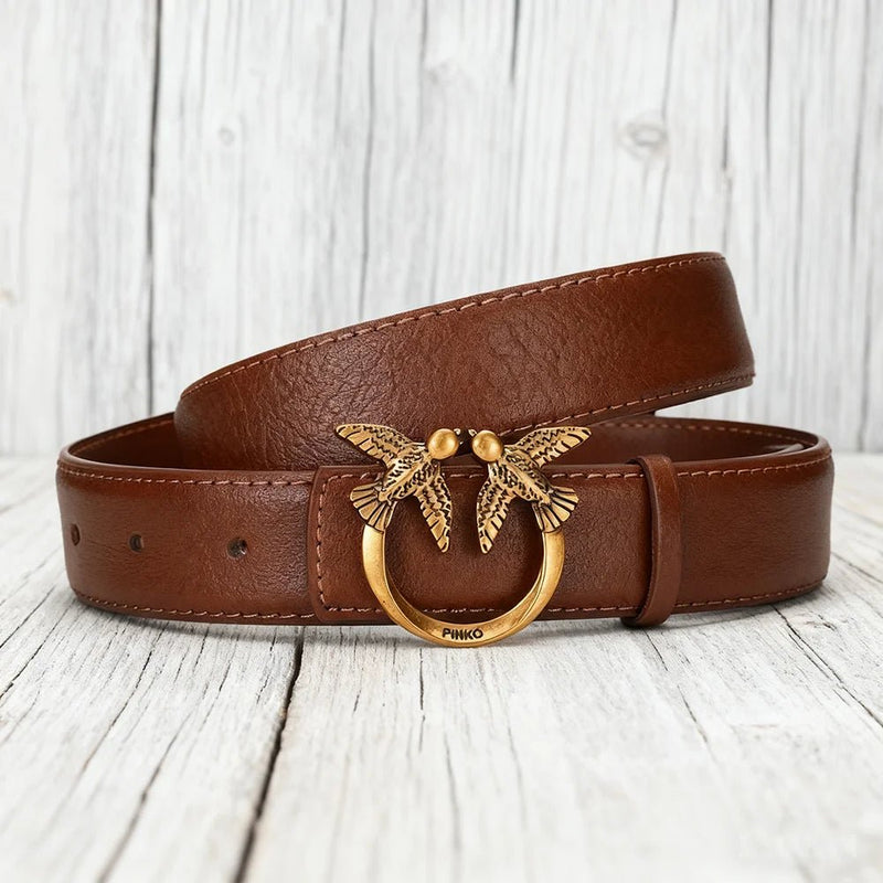 Ceinture cuir femme boucle oiseaux dorés sculptés , modèle Byrdie