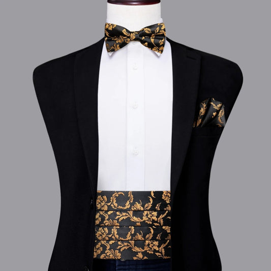 Ceinture de Smoking Homme Noire et Dorée à Motif Floral, Modèle Venezia - La Boutique de la Ceinture